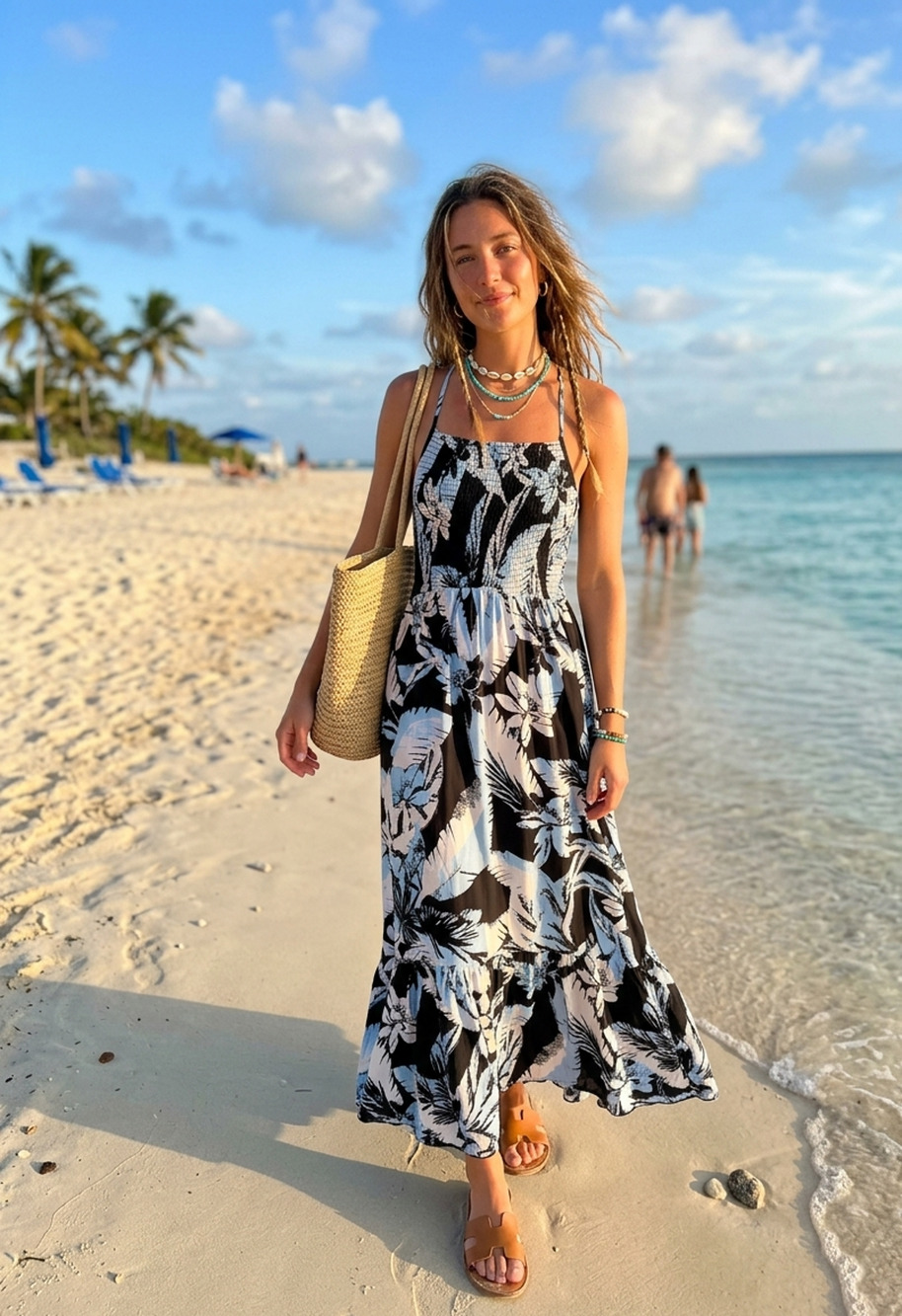Free People Intimately Heat Wave Maxi Dress XL Black Blue Floral Tropical Ruffle